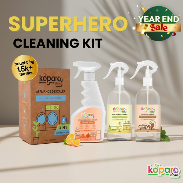 Superhero Cleaning Kit – Degreaser - 400ml, Tap & Shower Cleaner - 300ml, Wood Surface Cleaner - 300ml, Descaler - 4 Sachets