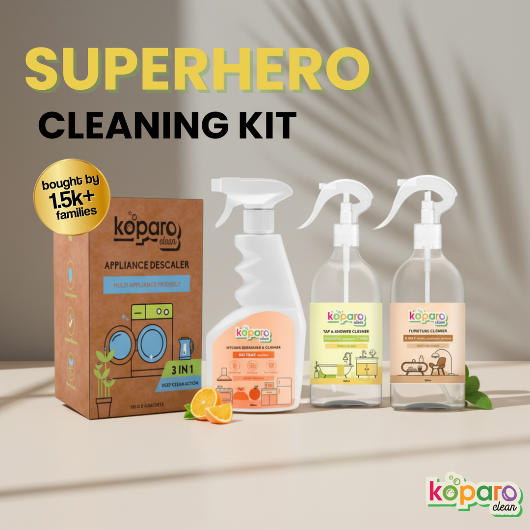 Superhero Cleaning Kit – Degreaser - 400ml, Tap & Shower Cleaner - 300ml, Wood Surface Cleaner - 300ml, Descaler - 4 Sachets - Pack of 1