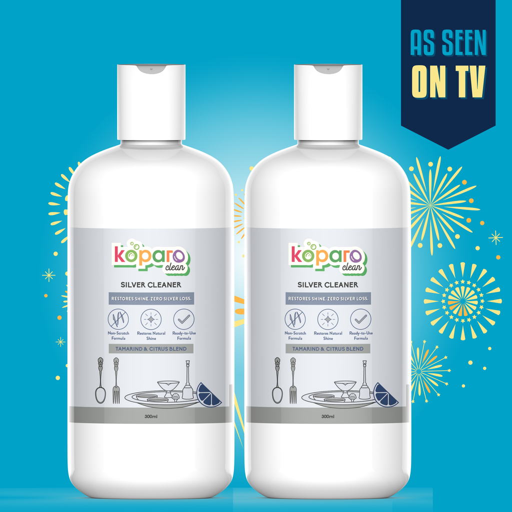 Two bottles of Koparo Silver Cleaner with safe, non-abrasive ingredients and no ammonia, it’s gentle yet effective. Tested by NABL and government-approved labs, it delivers a mirror-like shine with zero silver loss. Perfect for silverware, ornaments, pooja items, and keepsakes.